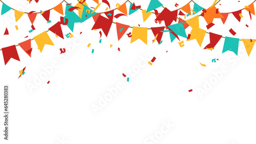 carnival party card or banner vector illustration with retro confetti streamers and hanging flag garland on transparent background