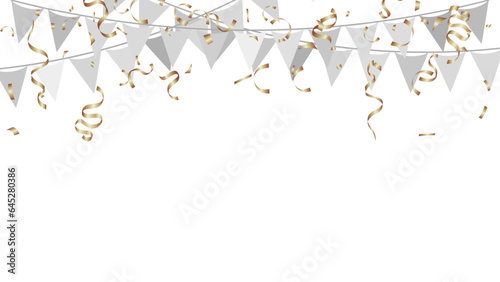 silver party flags with confetti and ribbons falling on transparent background. celebration and birthday activities vector illustration