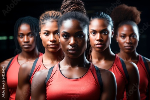 an athlete group of young black women wearing red sports equipment