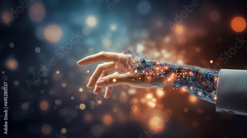 Hands of robot and human touching background, Science and artificial intelligence