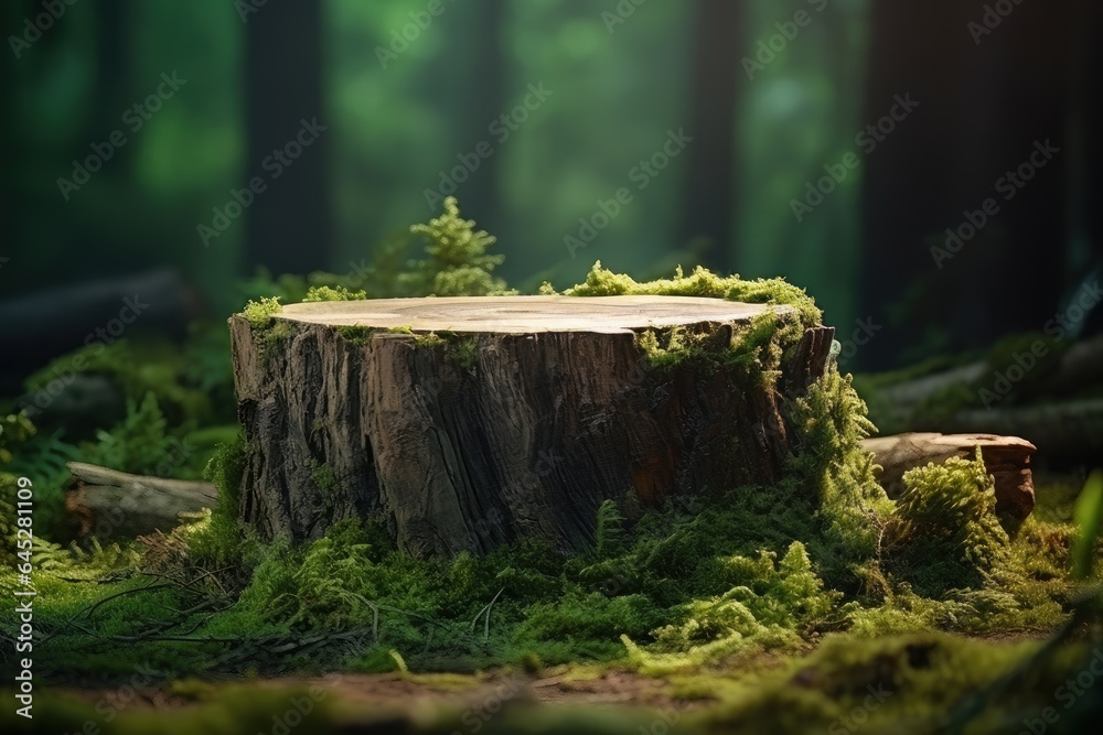 Tree Stump Covered with Moss in the Forest, Green Nature Blur Background. Tree Stump Covered with Moss in the Forest, Green Nature Blur Background.