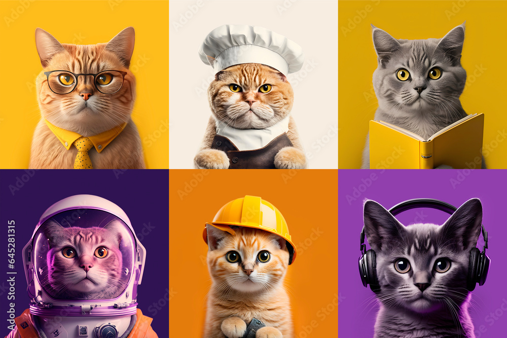 Collage of portraits of cats doing different jobs. AI generated