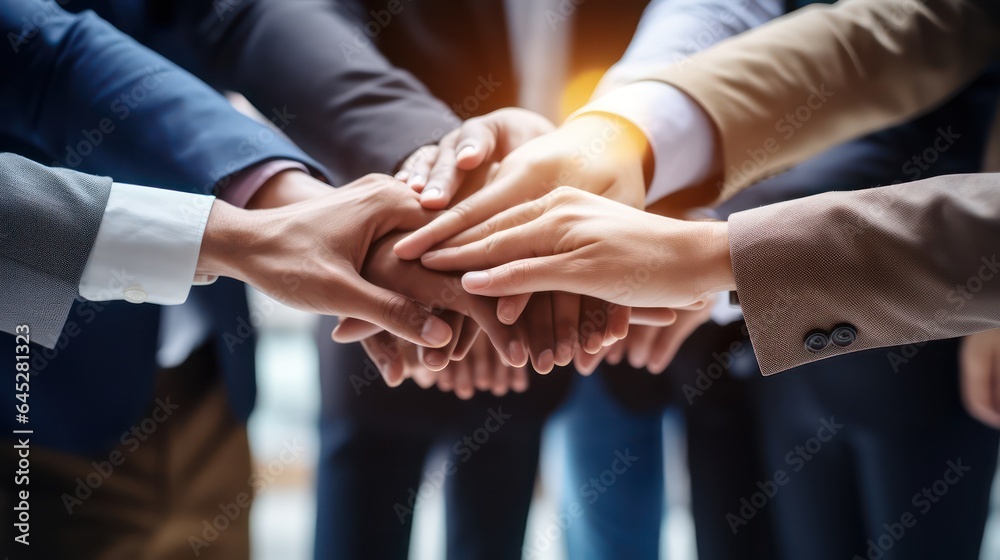 Multiracial business team putting hands Multiracial business team putting hands