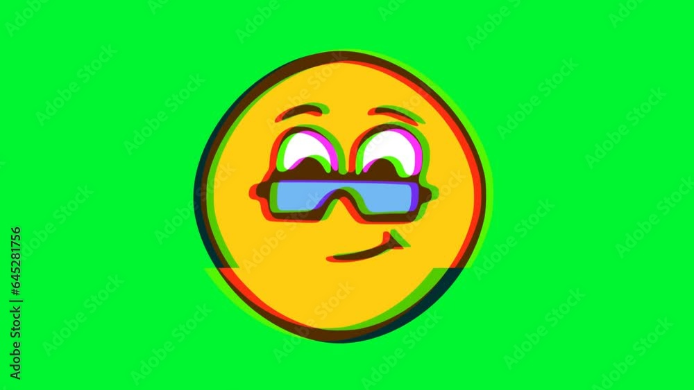Funny face emoticon with glasses with glitch effect. Cartoon face animation, Emoji motion graphics