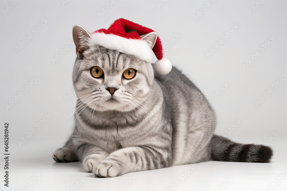 American Shorthair cat dressed in Santa Claus hat, costume on white background. Season banner, poster American Shorthair cat dressed in Santa Claus hat, costume on white background. Season banner, poster