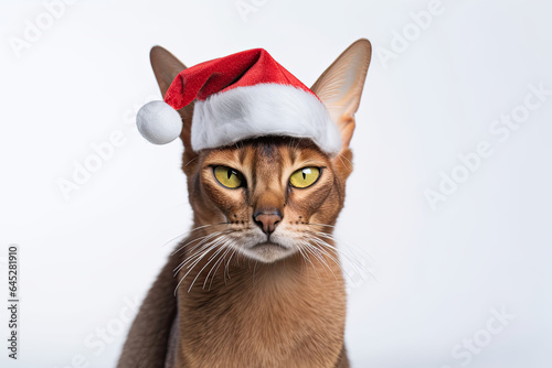 Portrait of Abyssinian cat dressed in Santa Claus hat, costume on white background. Season banner, poster