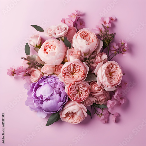 A stunning springtime tableau, featuring a bouquet of delicate pink roses, blooming peonies, and fragrant lavender, bouquet of pink roses © VisionCraft