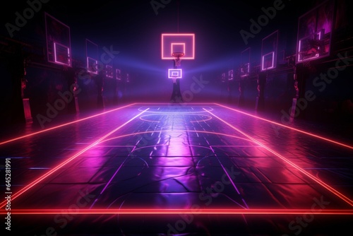 Dynamic 3D render Neon lit basketball court from a thrilling side perspective