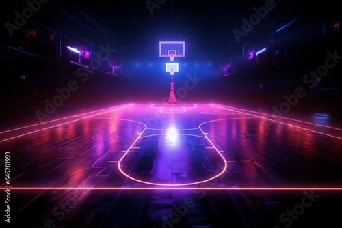 Dynamic 3D render Neon lit basketball court from a thrilling side perspective