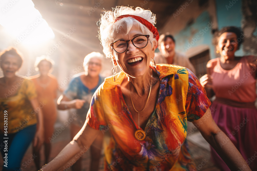 energetic ageless senior old woman having fun and dancing in a street festival with colorful clothes 