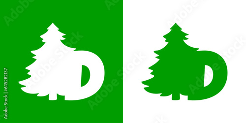 Tiempo de Navidad. Logo con letra inicial D con silueta de árbol de navidad tipo pino o abeto para su uso en invitaciones y felicitaciones