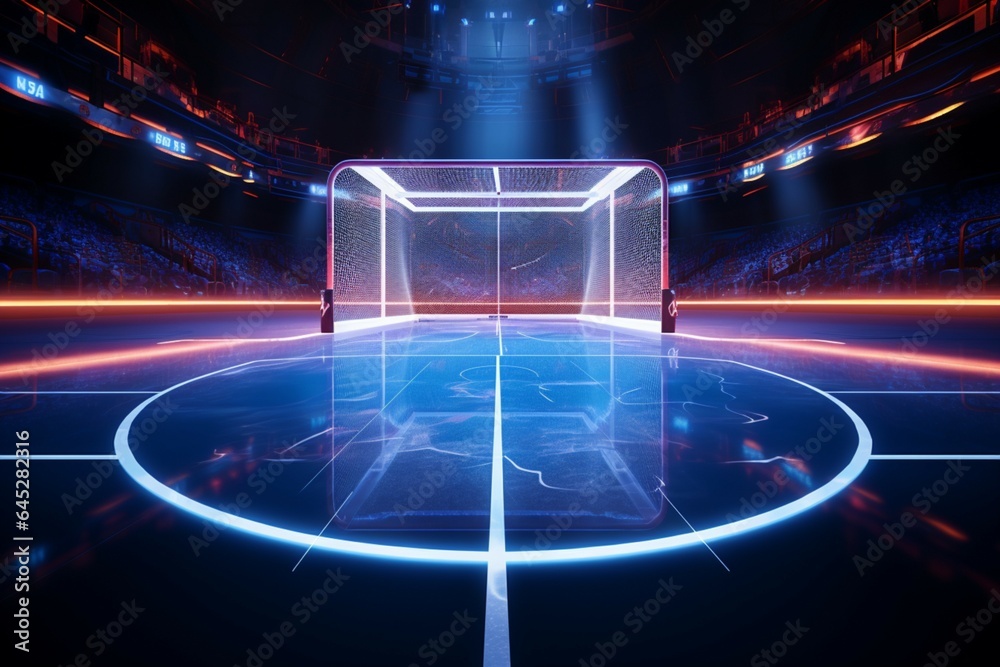 Luminous hockey arena Neon lights accentuate the ice rinks thrilling goal
