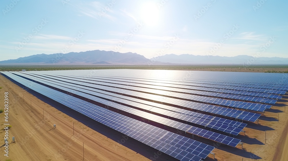 Vast solar farm in a desert landscape, capturing the scale of renewable energy projects