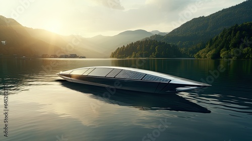 Solar boat cruising on a serene lake, emphasizing sustainable trave © Filip