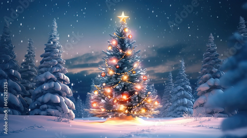 Realistic background with beautiful decorated christmas tree and snow banks. Generative Ai © hassanmim2021