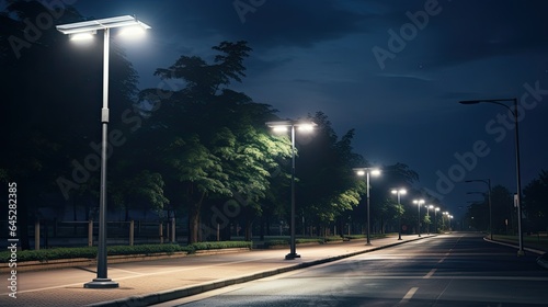 Solar-powered streetlights lining a pathway, capturing the application of solar tech in public spaces photo