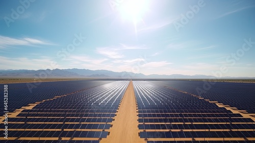 Vast solar farm in a desert landscape, capturing the scale of renewable energy projects
