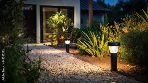 Solar-powered garden lights in a landscaped yard, showcasing aesthetic and functional use