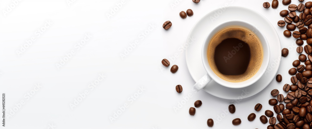 Fototapeta premium A mug of coffee on a table with beans on a white background