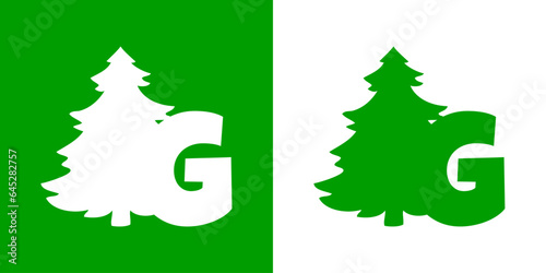 Tiempo de Navidad. Logo con letra inicial G con silueta de árbol de navidad tipo pino o abeto para su uso en invitaciones y felicitaciones