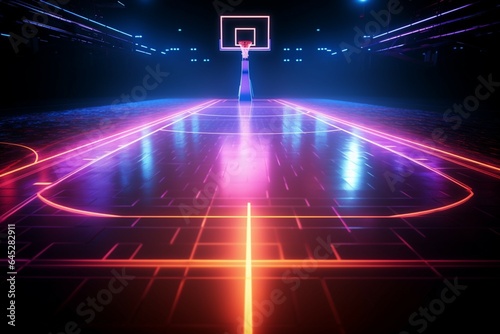 Virtual playground A neon basketball field shines in 3D renders side view