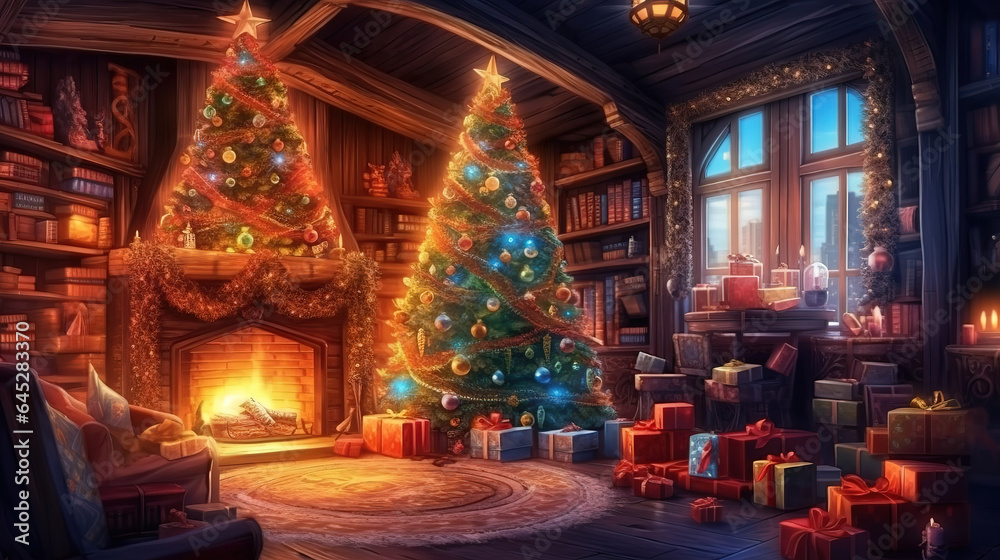 Christmas fireplace scene in flat design. Generative Ai