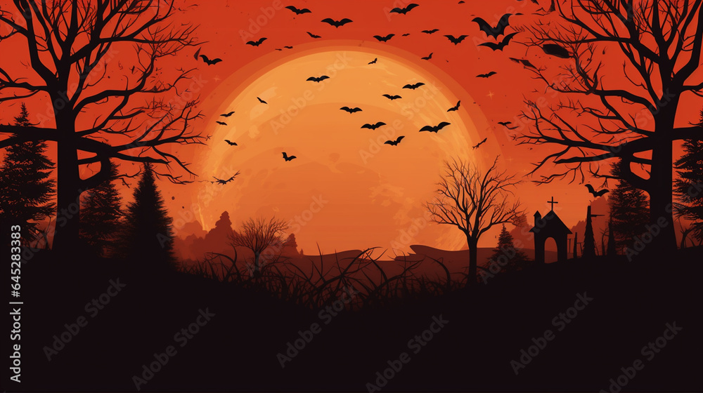 Spooky Halloween Themed Art Template with Bats Flying Across a Vibrant Night Sky - Vintage Creepy Landscape with Haunted Houses and Structures - Yellow, Orange, and Black Color Scheme - Horizontal
