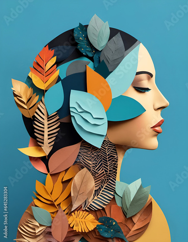 Portrait de femme par collage de papier 3d, art nature et mode - IA générative photo