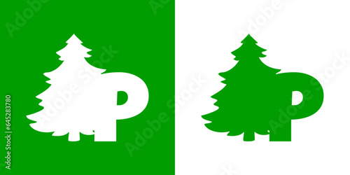 Tiempo de Navidad. Logo con letra inicial P con silueta de árbol de navidad tipo pino o abeto para su uso en invitaciones y felicitaciones