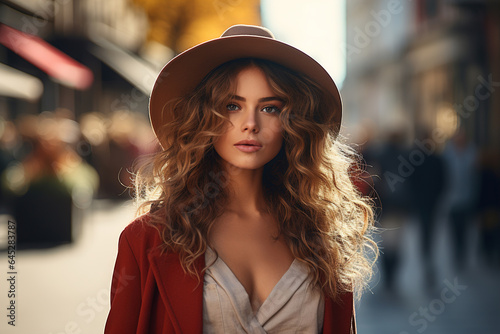 Portrait of elegant stylish sexy young woman wearing hat standing on street in city looking at camera, lifestyle © Sergio
