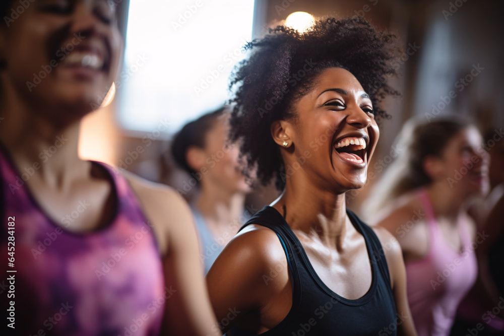 A curly black Woman is happy and screaming in a dance fitness lesson class with friends, having fun enjoying, and celebrating