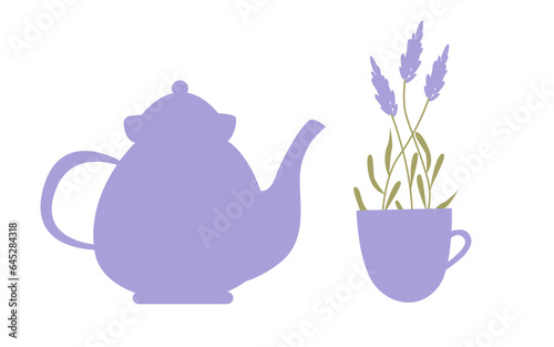 Violet kettle and mug with lavender, herbal calming tea, vector illustration