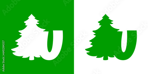Tiempo de Navidad. Logo con letra inicial U con silueta de árbol de navidad tipo pino o abeto para su uso en invitaciones y felicitaciones