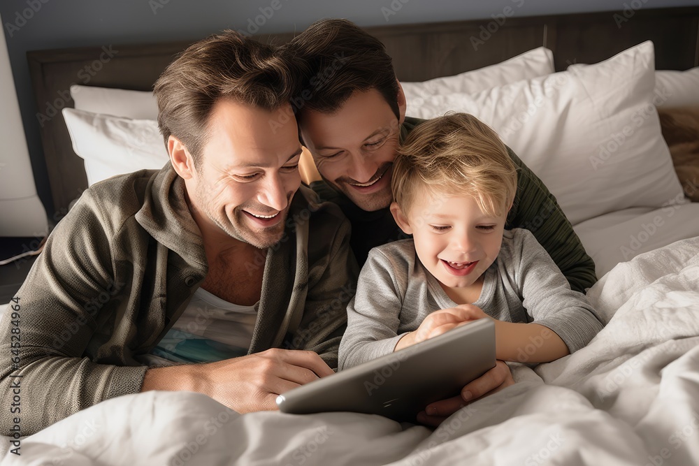 Caucasian gay man couple using digital tablet in bed with their son Caucasian gay man couple using digital tablet in bed with their son