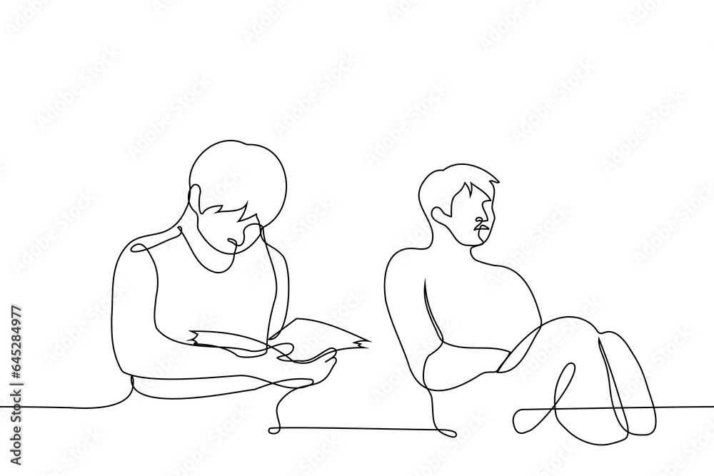 man reads a book while the man next to him is sleeping while sitting - one line art vector. concept while one person is studying, the other is sleeping man reads a book while the man next to him is sleeping while sitting - one line art vector. concept while one person is studying, the other is sleeping