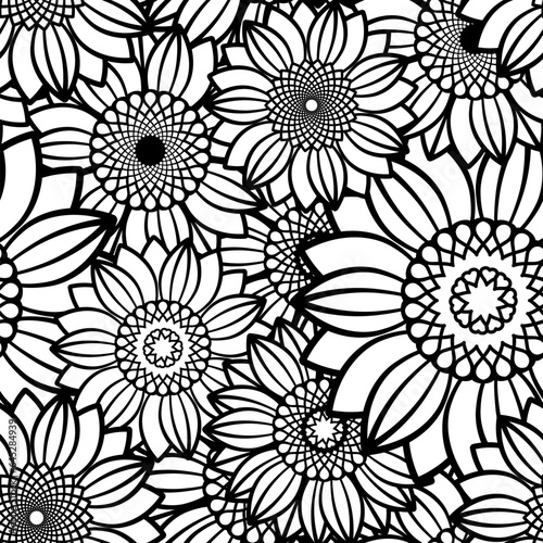 Sunflowers seamless pattern background. Doodles floral black and white vector illustration. Perfect for wallpaper, adult coloring books, warping paper and fabric 