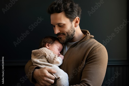 Portrait of a father hugging and kissing a newborn baby.