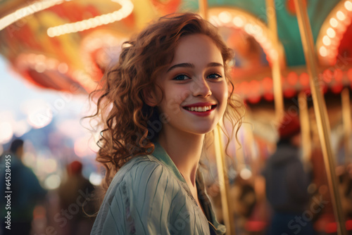 A girl is happy and smiling and looking at the camera in an amusement park. Blurred carrousel blurred in the background