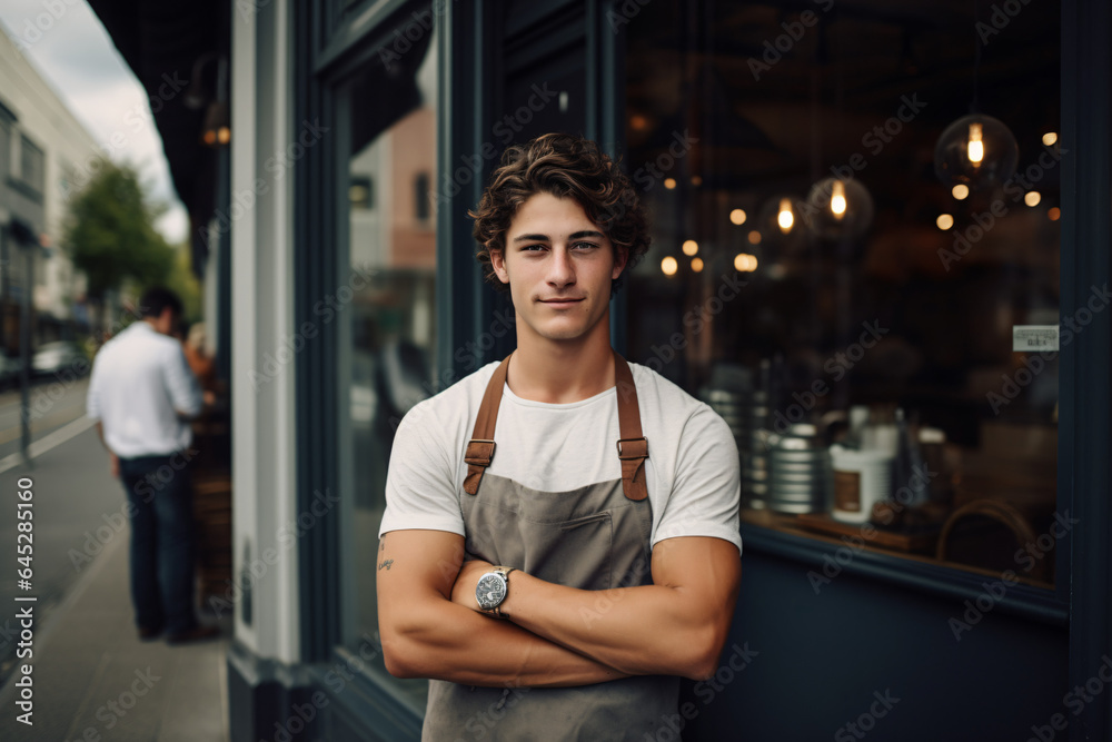 Handsome young Barista waiter culinary gourmet bar restaurant worker in front of the shop with crossing arms wearing brown chef overall, blurred shop on the background
