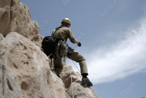 Rock climber climbing on a mountain with beautiful clouds on the background