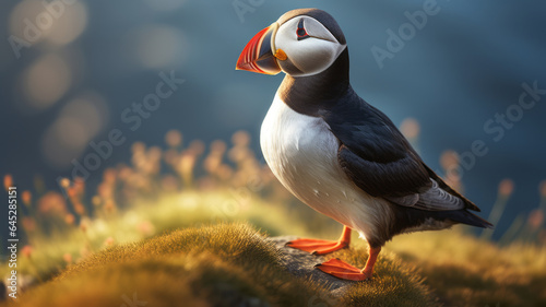 photograph of A Puffin, Heimaey coast, South Iceland telephoto lens realistic natural lighting