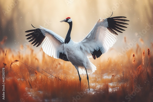 Image of a red crowned crane spread wings in the wetland forest, Bird, Wildlife Animals., Generative AI, Illustration. © yod67