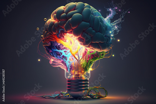 Image of human brain inside colorful abstract light bulb. Illustration, Generative AI.