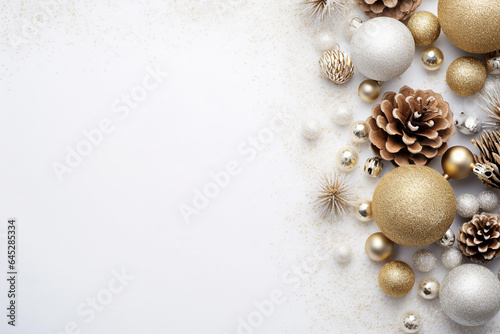 Christmas decoration with branches and ornaments on white background. copy space.