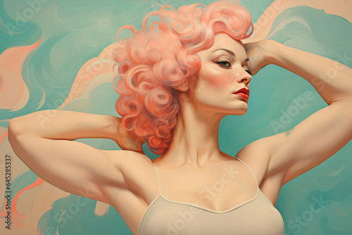 Tableau sur toile Strong fitness feminist empowered muscular woman with pink hair  showing and fle