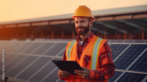 photograph of An engineer in uniform holding tablet control solar cell farm.