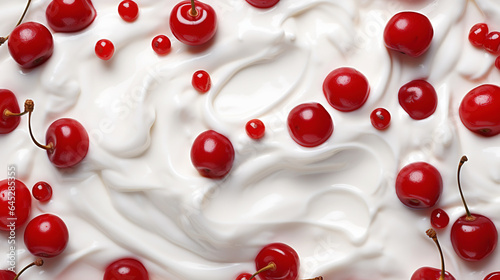 Yogurt and fresh cherries, background. Top view. Generative AI