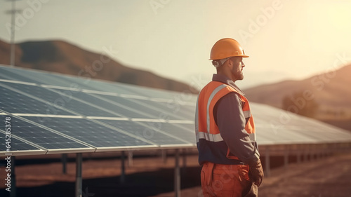 photograph of An engineer in uniform holding tablet control solar cell farm.