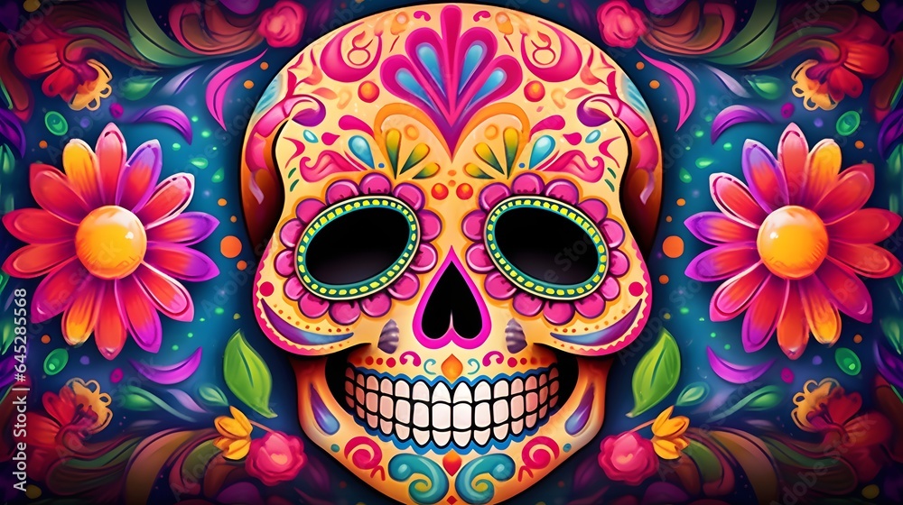 A vibrant Mexican skull adorned with colorful flowers, symbolizing the Day of the Dead celebration