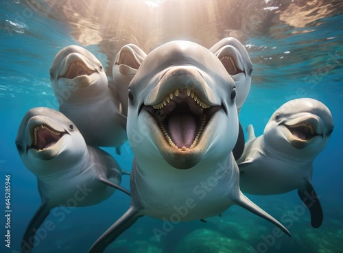 A group of dolphins looking at the camera © cherezoff